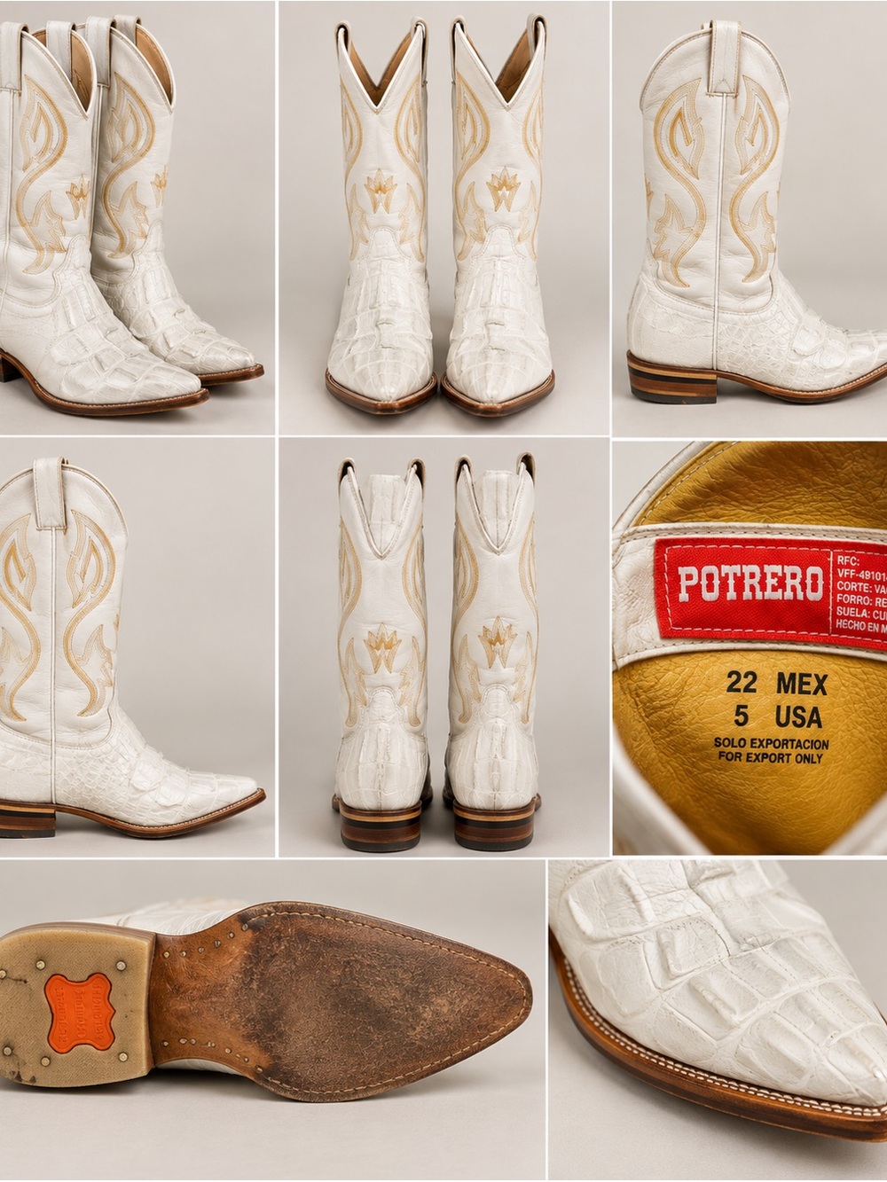 Vintage Potrero White Croc Embossed Western Cowboy Boots Size 5
